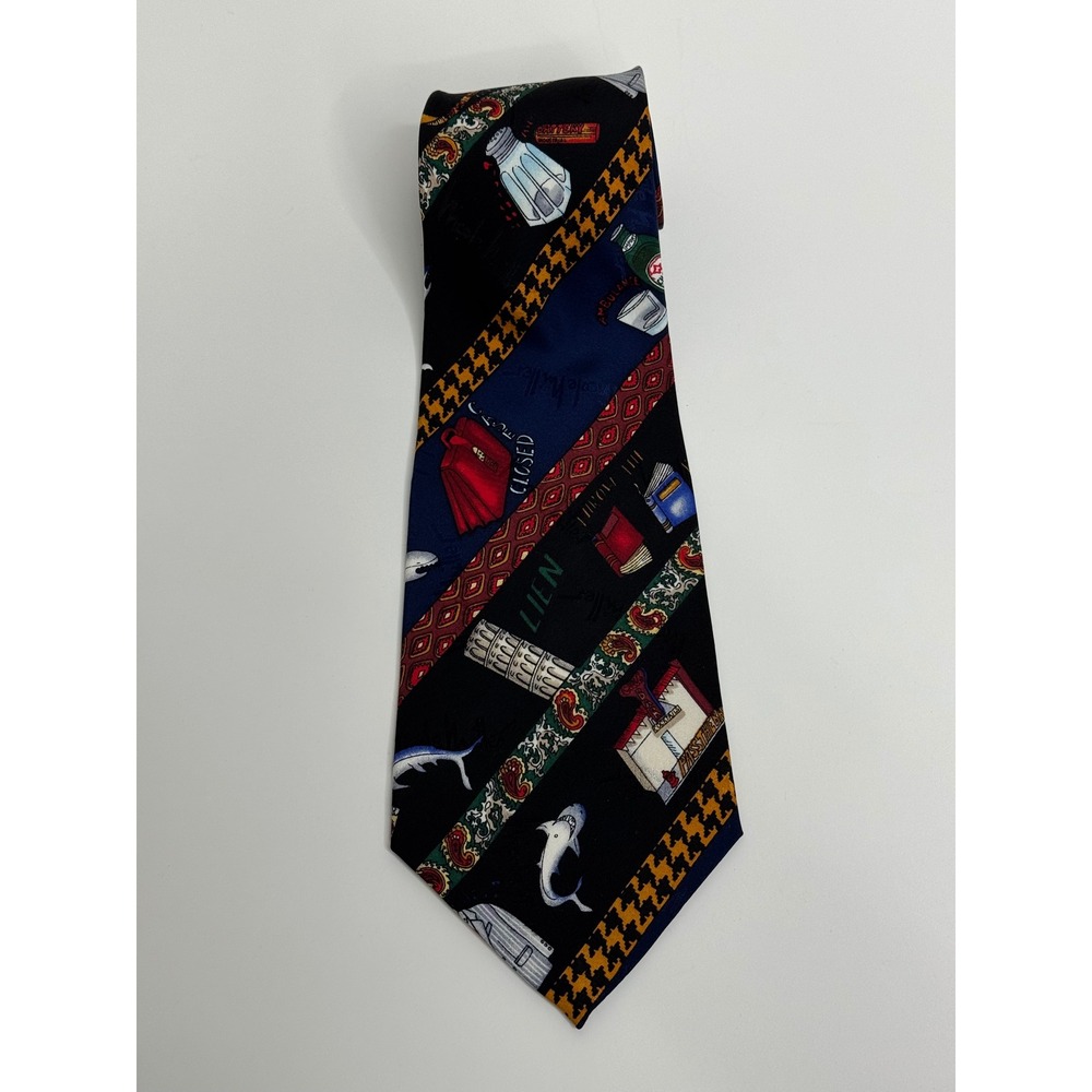 Nicole Miller 1994 Vintage Law Legal Theme Silk Necktie Navy Black Shark Gavel - Picture 2 of 7